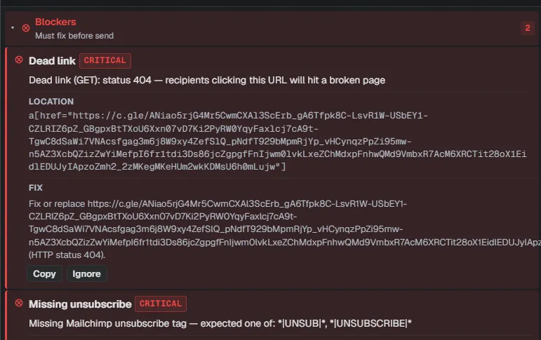 Mailcoded QA: dead link and missing unsubscribe tag flagged as blockers before send
